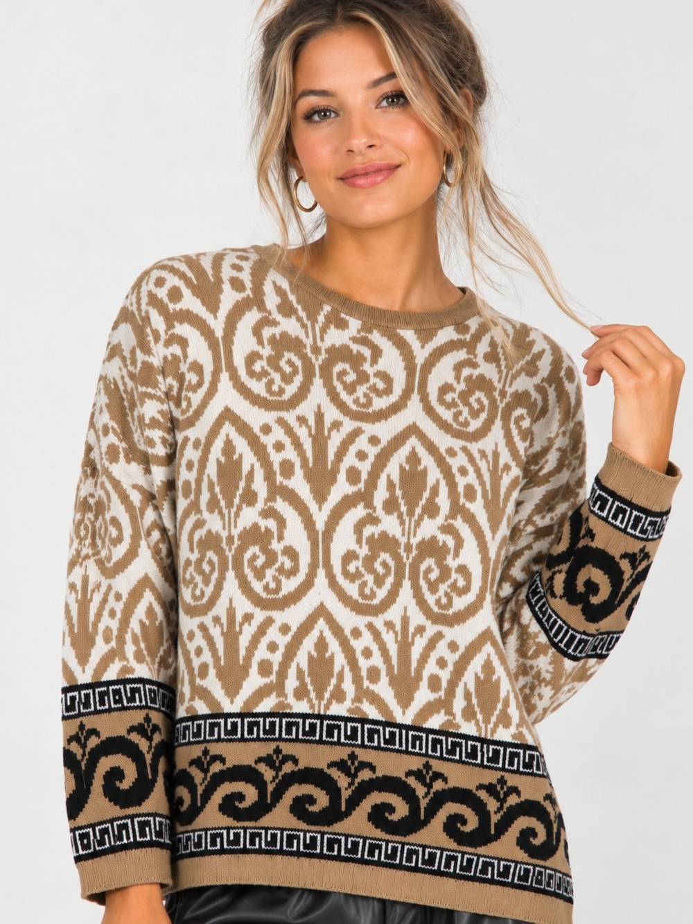 Essentials Tan Cream Patterned Crewneck Sweater with Black Accents